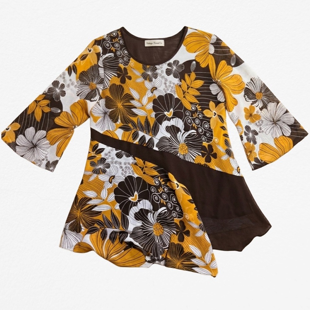 Vintage Floral Asymmetrical Tunic‎ Top Yellow Brown Bell Sleeve Blouse